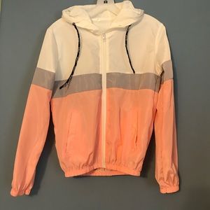 Pink Grey White Color Block Drawstring Windbreaker